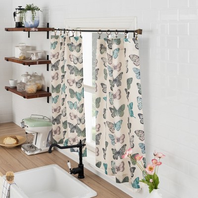 Blue Butterfly Print Sheer Polyester Kitchen Curtain Tier Pair