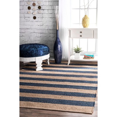 Denim Blue Striped Reversible Flat Woven Jute Runner Rug, 2' 6" x 8'