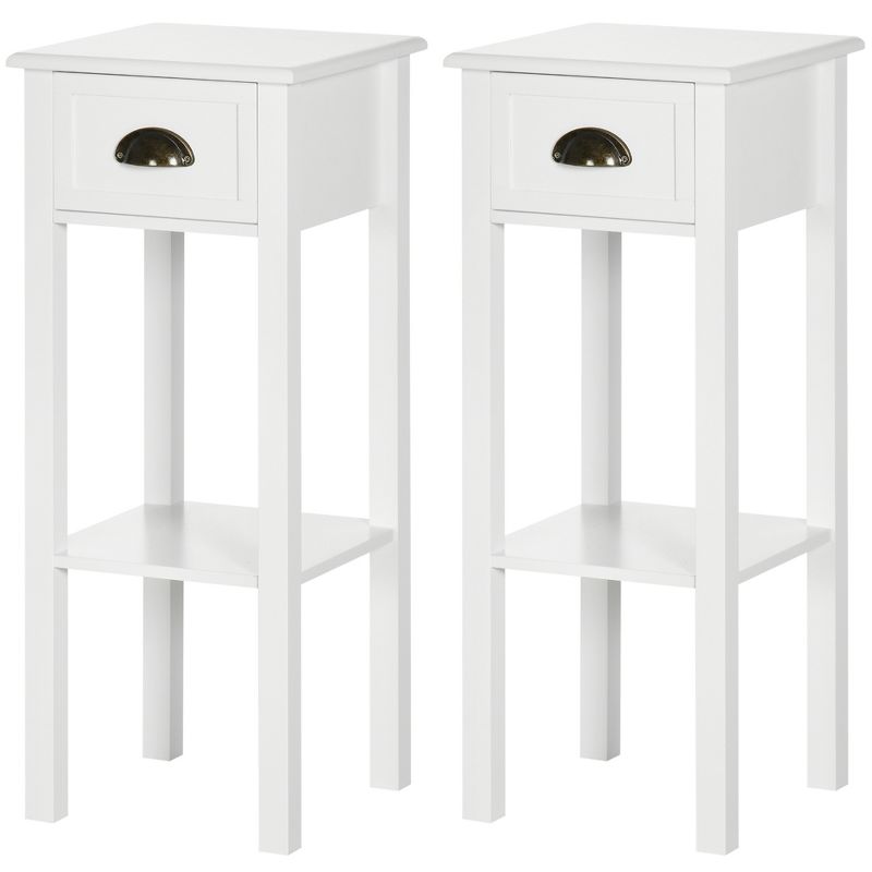 HOMCOM 2-Tier Side Table with Drawer, Narrow End Table with Bottom Shelf, for Living Room or Bedroom, Set of 2, White, 4 of 7