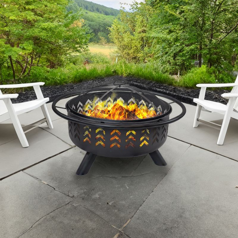 Sunnydaze Arrow Motif Heavy-Duty Steel Fire Pit with Spark Screen, Built-In Grate, and Cover - 36-Inch Round - Black, 2 of 9