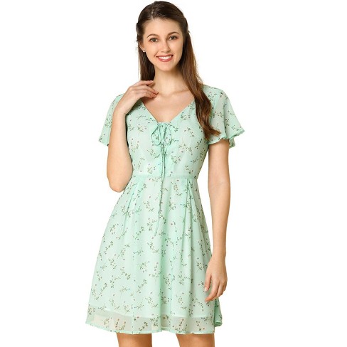 Allegra K Women's Floral Printed Spring Summer Flare Short Sleeve Lace-up V  Neck Chiffon Dress Light Green X-large : Target