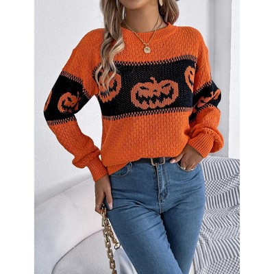 Halloween Women's Star Pattern Crew Neck Drop Shoulder Casual Sweater Pullover Knitwear Orange S