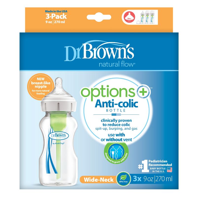 Dr. Brown&#39;s 9oz Anti-Colic Options+ Wide-Neck Baby Bottle with Level 1 Slow Flow Nipple - 3pk - 0m+, 3 of 22