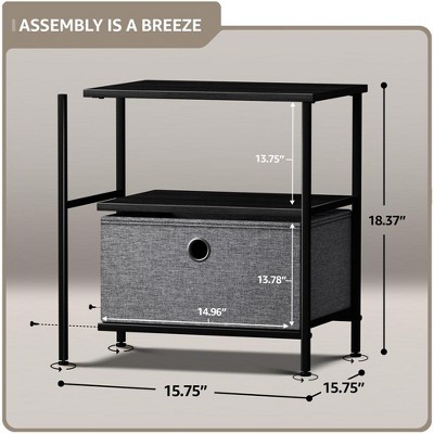 Black Steel Frame Nightstand with Wood Top and Fabric Drawer