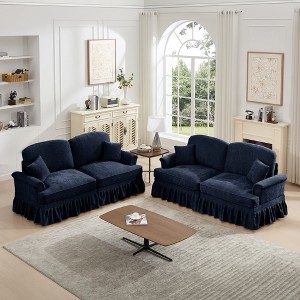 Classic 2-Piece Modular Chenille Sofa Set, Flared Arms, Removable Ruffles Pleats Skirts, Spindle Legs, 2-Seater Sofa + Loveseat - 1 of 4
