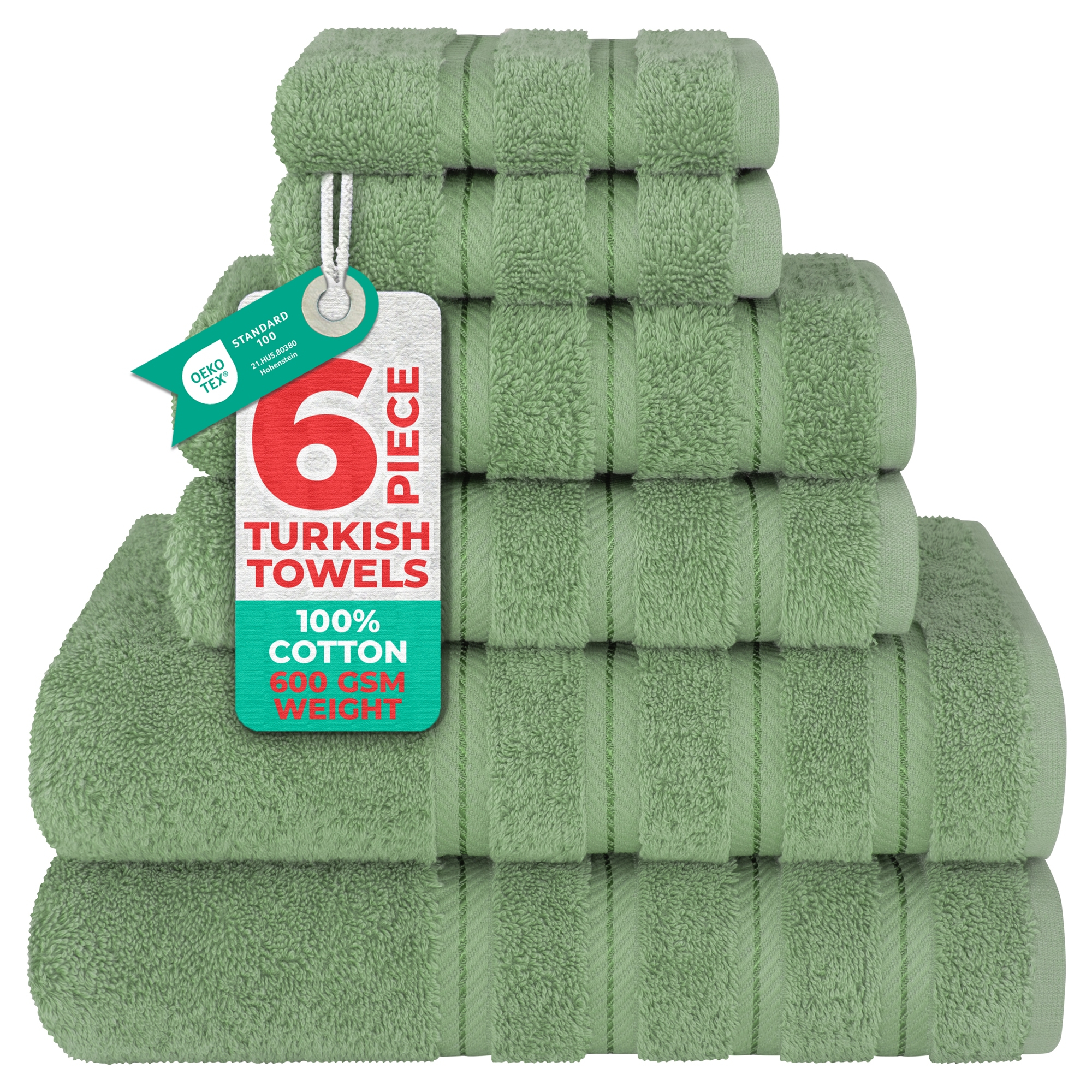American Soft Linen 6 Piece Towel Set, 100% Cotton Bath Towels for Bathroom, Sage Green
