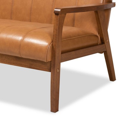 Nikko Mid-Century Modern Tan Faux Leather Loveseat with Walnut Wood