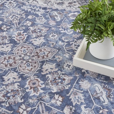 Navy Ivory Floral 6' x 9' Cotton Chenille Area Rug