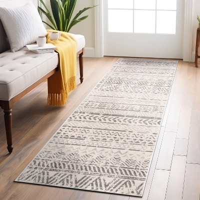 Gray Geometric Distressed Bohemian Runner Rug