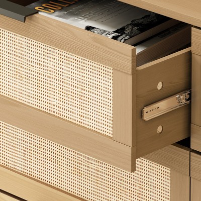 6 Drawer Dresser with Natural Rattan Drawers, Tall Rattan Cabinet with Solid Wood Legs, Modern Organizer Dresser, Entrance Hallway Shoe Cabinet Brown