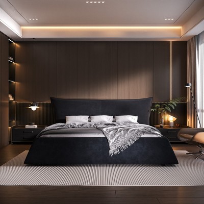 Upholstered Bed Frame King Platform Bed Best Bed Frames with Special Shaped Velvet Headboard,Metal and Solid Wood Frame-Cuddlewood