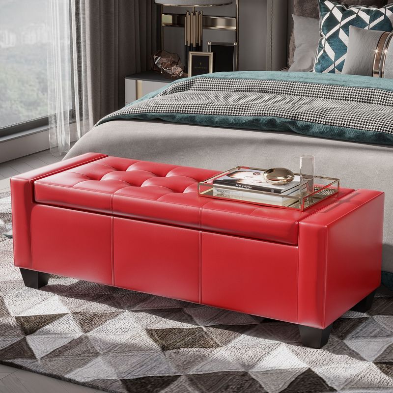 HOMCOM 51" Faux Leather Rectangular Tufted Storage Ottoman - Bright Red, 2 of 9