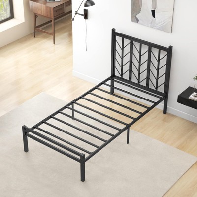 Black Twin Metal Platform Bed with Branch Headboard and Storage
