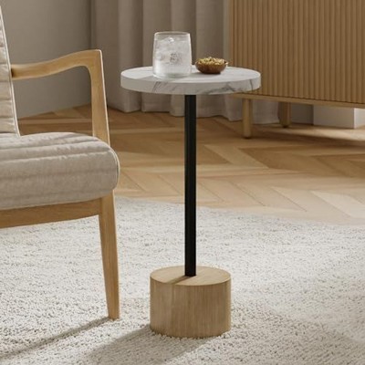Stead Pedestal Round Metal Drink Table - Small Metal Side Table with Cylindrical Light Brown Base (Faux Marble Top)