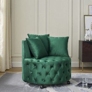 Gulches Green Velvet Upholstered Swivel Chair for Living Room Button Tufted Design, 4 Universal Movable Wheels, 3 Pillows Included - 1 of 4