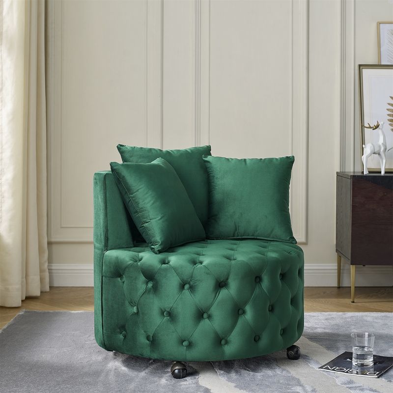Button Tufted Living Room Upholstered Swivel Chair with Movable Wheels and 3 Pillows - ModernLuxe, 2 of 12