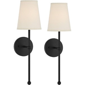 Possini Euro Design Elena Modern Wall Light Sconces Set of 2 Matte Black Metal Hardwire 6" Fixture Cream Linen Shade for Bedroom Living Room Hallway - 1 of 4