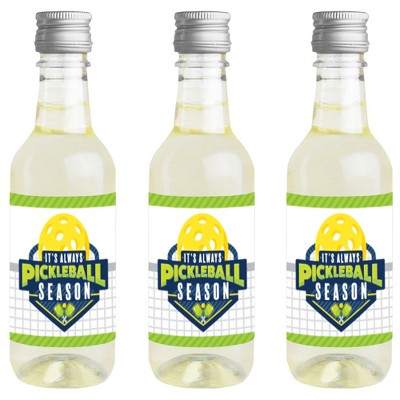 Big Dot of Happiness Let’s Rally - Pickleball - Mini Wine and Champagne Bottle Label Stickers - Birthday or Retirement Party Favor Gift - Set of 16