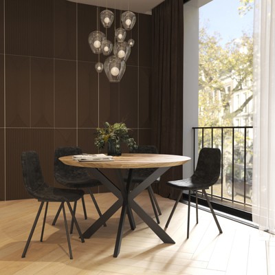 LeisureMod Ravenna 47" Round Wood Dining Table with Modern Metal Base - Sleek Design, Perfect for Dining Rooms