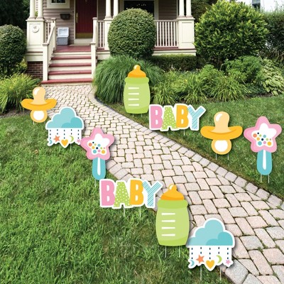 Big Dot of Happiness Colorful Baby Shower - Bottle, Rattle, Pacifier, Rain Cloud Lawn Decor - Outdoor Gender Neutral Party Yard Decorations - 10 Piece