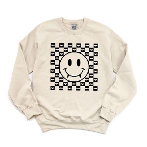 Simply Sage Market Women's Graphic Sweatshirt Halloween Bat Smiley Face - 1 of 2