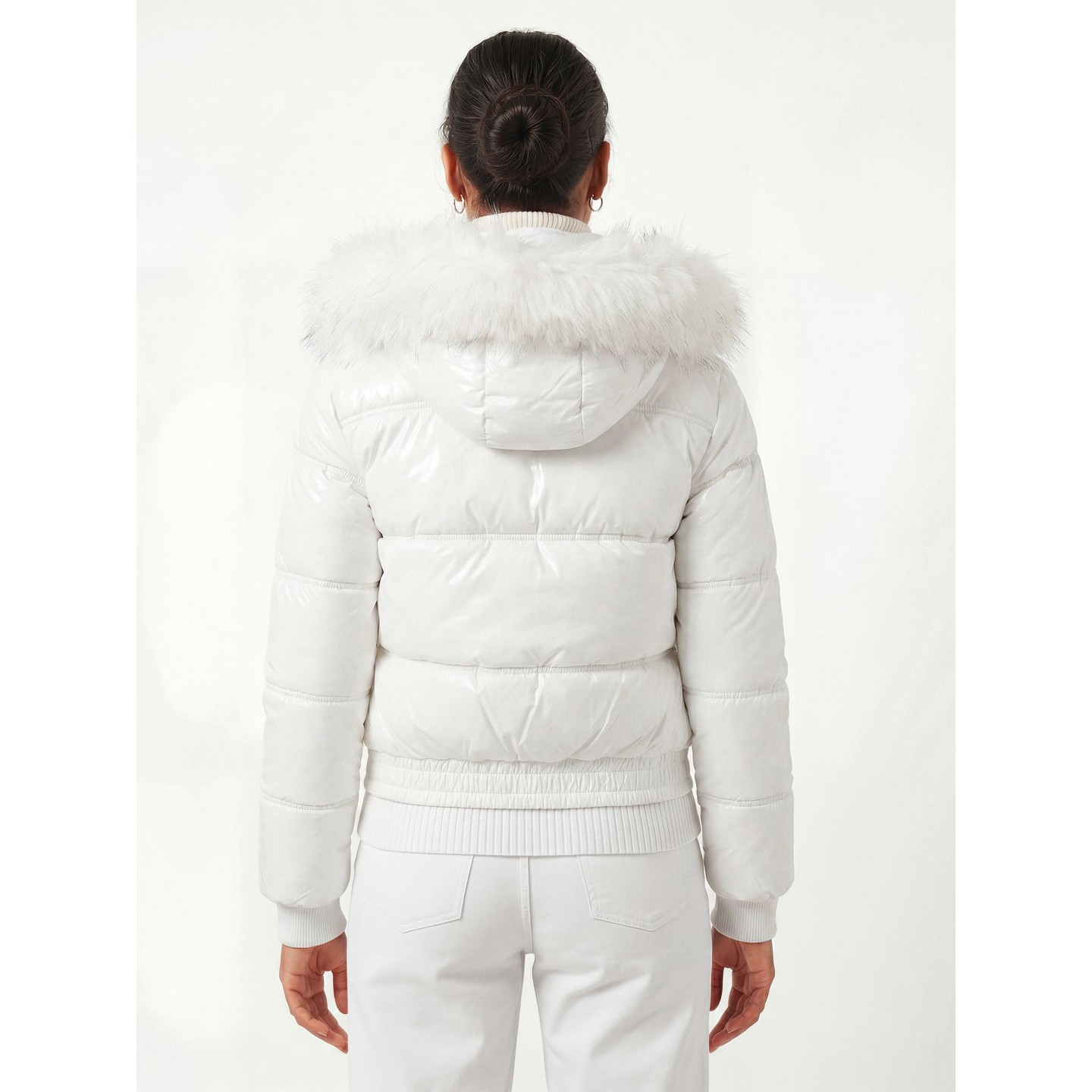 Женские куртки INSPIRE CHIC Faux Fur Trim Hooded Cropped Hidden Button Zip Up Elastic Hem Quilted Coats X Small White, цвет: Белый — фото 3