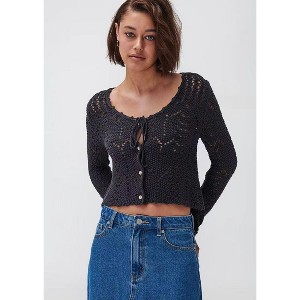 Women Tie Front Cropped Cardigan Crochet Bolero Shrug Sweater Bell Sleeve Knit Crop Top - 1 of 2