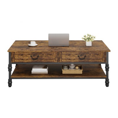 Vintage Farmhouse Coffee Table with Drawers, 2 Tier Coffee Table for Living Room, Rectangular MDF Storage Table with Shelf, Rustic Brown