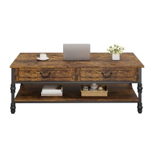 Vintage Farmhouse Coffee Table with Drawers, 2 Tier Coffee Table for Living Room, Rectangular MDF Storage Table with Shelf, Rustic Brown - 1 of 4