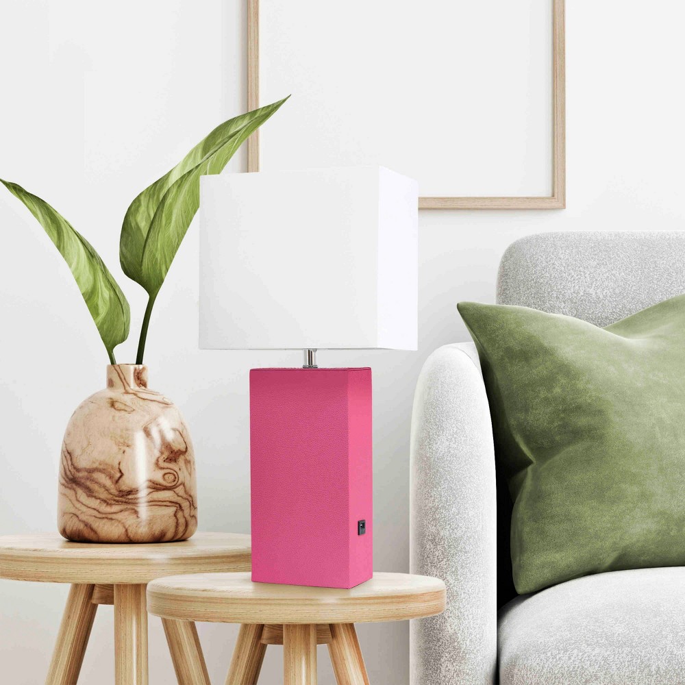 Lalia Home Lexington 21" Leather Base Modern Table Lamp with USB Charging Port and Feit LED (Includes LED Light Bulb) Vibrant Pink