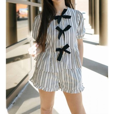 Women's Stripe Ruffle Bow Top - MIOU MUSE
