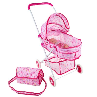 Toy Time Kids' Deluxe Foldable Toy Pram For 18" Baby Dolls With Diaper Bag, Storage Basket, and Canopy - Pink