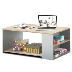 Costway 2-Tier Coffee Table Sofa Side Table w/ 2 Shelves for Living Room Walnut/Oak - 1 of 4