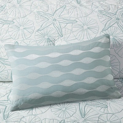 Kumasinova 12" Rectangle Bed Pillows,Cotton Couch Pillows with Wave Embroidery Design,Coastal Decorative Pillows for Bed and Sofa,Blue