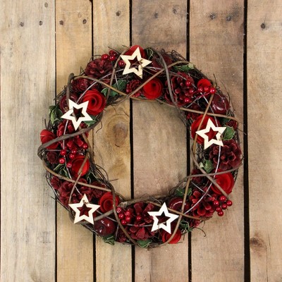 13" Rustic Red and Green Artificial Christmas Wreath with Wooden Stars