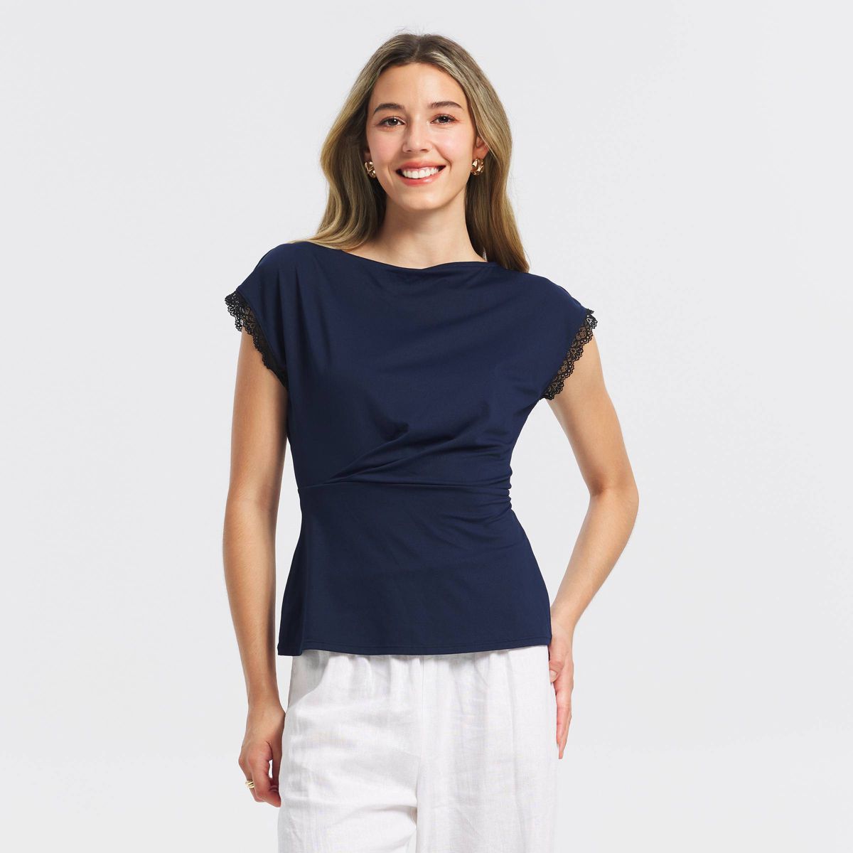 Women's Cap Sleeve Boat Neck Lace Trim Twist Top - A New Day™