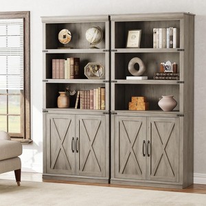 5 Tier Bookcase with Cabinet Doors, Farmhouse Bookshelf 68.7" Tall, Wooden Storage Shelf for Home Office, Living Room, Grey/White/Dark Oak - 1 of 4