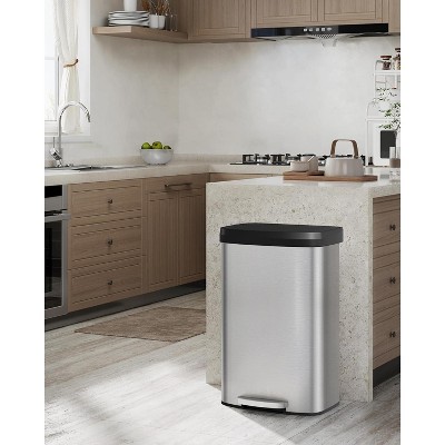 21 Gallon / 80 Liter Step-on Trash Can, Stainless Steel Kitchen Garbage Bin Featuring Soft-Close Plastic Lid and Liner Retainer Ring