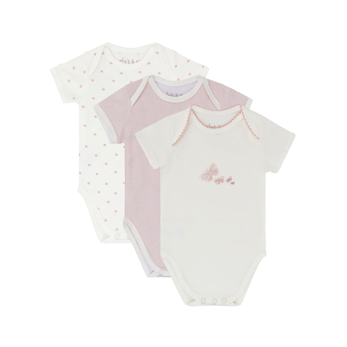Ely's & Co.  Cotton Baby Girl Short Sleeves Bodysuits-Undershirts Pink - 3 Pack ,Stripes, Floral Dot , Butterfly