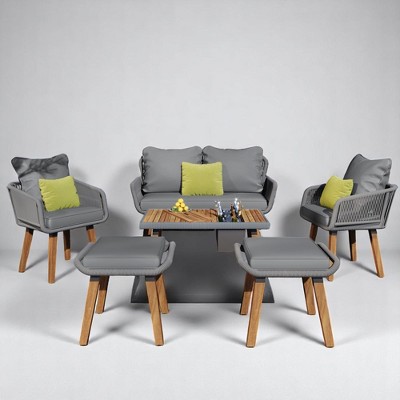 6-Piece Outdoor Wicker Sofa Set with Unique Rope Weaving, Acacia Wood Coffee Table with Ice Bucket, and Ottomans