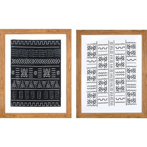 Set Of 2 24 X30 Framed Black White Geo Fabric Decorative Wall