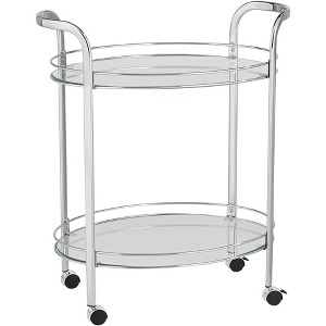 Studio 55D Carli Modern Chrome Steel Oval 2-Tier Serving Bar Cart 26" x 18 1/4" Silver Rolling Clear Glass Shelves for Living Room - 1 of 4