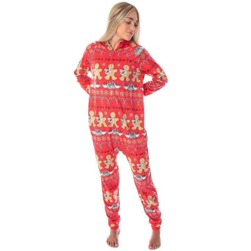 Friends TV Show Womens' Central Perk Ugly Christmas Sweater Hooded Pajama Union Suit Multicolor, 1 of 5