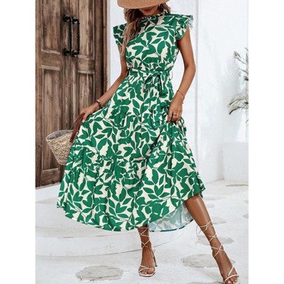 Womens Dress Summer Ruffle Trim Flutter Sleeve Tie Waist Printed Midi Dress