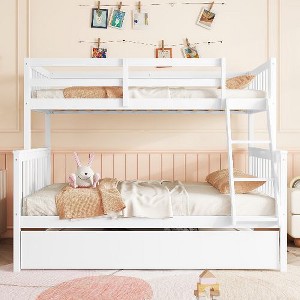 Kumasinova Twin-Over-Full Rubber Wood Bunk Bed Frame with Pull-Out Trundle – Detachable (2 Beds: Twin + Full), Reversible Ladder & Guardrails - 1 of 4