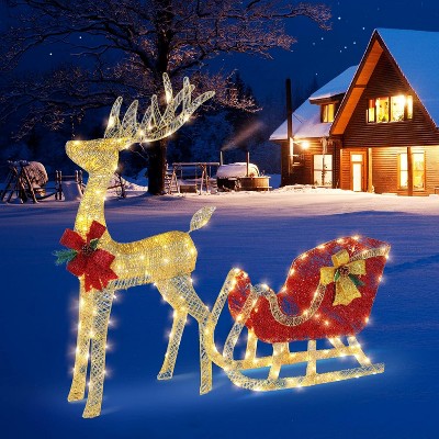 VINGLI Lighted Christmas Reindeer and Santa Sleigh Outdoor Decoration Deer Set, 4FT Large Reindeer Outdoor Decorations with 180 LED Lights,Yard Decor