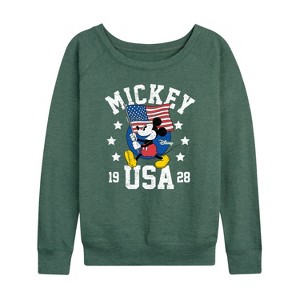 Women's - Disney - Mickey Waving Flag USA Lightweight French Terry Wide Neck Long Sleeve Shirt - 1 of 4