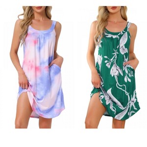 INSPIRE CHIC Women's 2 Pcs Sleeveless Printed Scoop Neck Tank Broad-Strap Nightgown with Pockets - 1 of 4