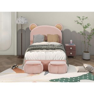 Kumasinova Full/Twin Size Bed Frame,Double Petal/Bear Ears/Crown Headboard,LED Lights&2 Storage Drawers/2 Storage Stools/Bed-End Storage Pocket,Pink - 1 of 4