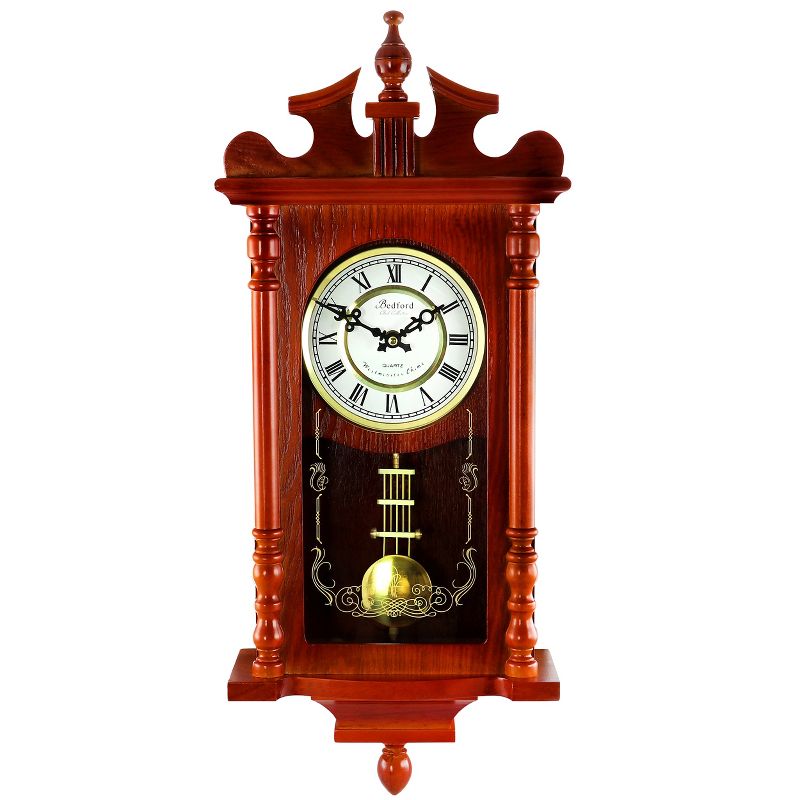 Bedford Collection 25 Inch Wall Clock with Pendulum and Chime in Dark Redwood Oak Finish, 5 of 6